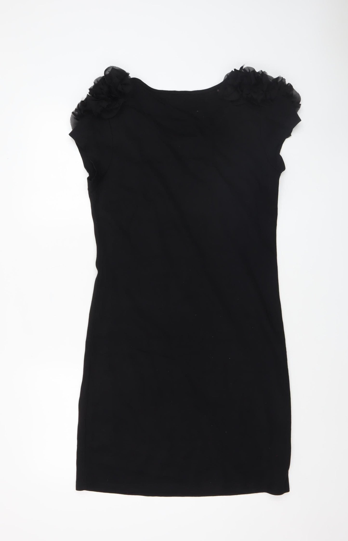 Savida Women's Black Size 14 Bodycon Ruffle Shoulder Sleeveless Dress
