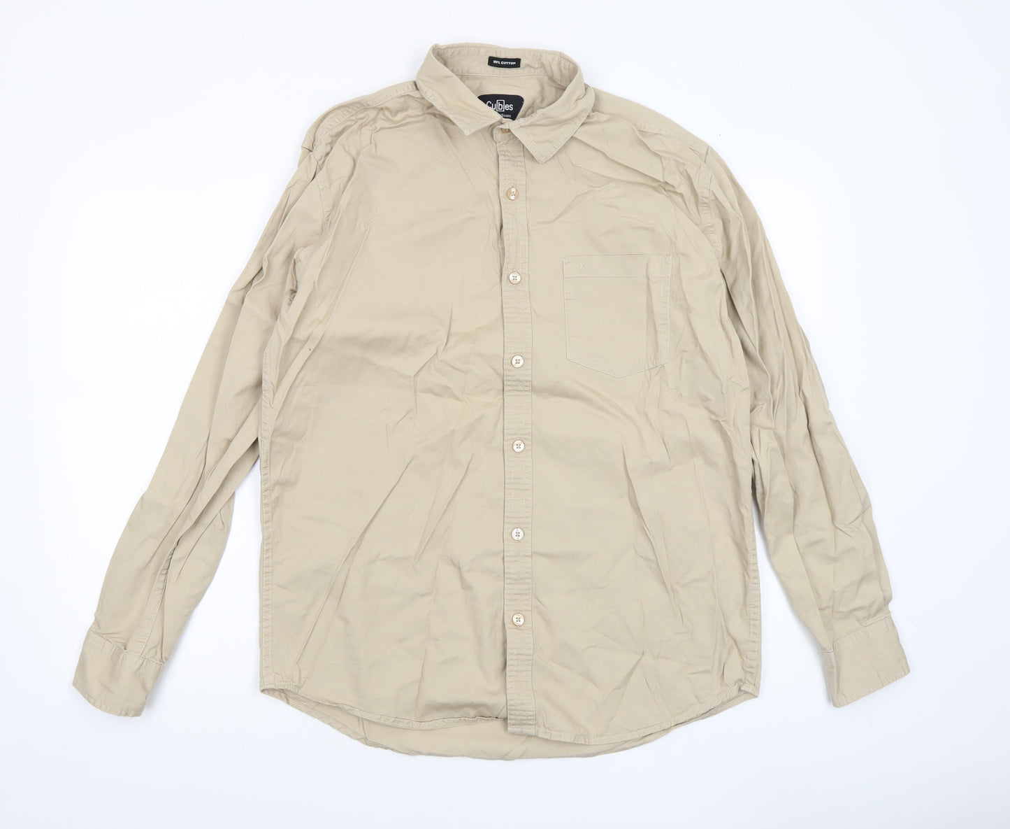 Cubes Mens Beige XL Long Sleeve Cotton Button-Up Shirt