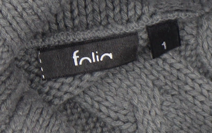 Folia Women Grey Wool Blend Roll Neck Cable-Knit Jumper Size S