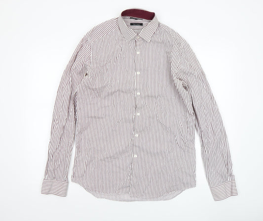 Marks and Spencer Autograph Men's White Burgundy Striped Cotton Dress Shirt 15.5in 39-40 Slim Fit