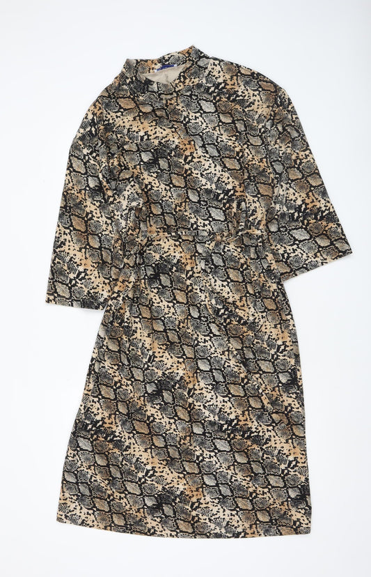 Zara Women Beige Snake Print Shift Dress Size 14 3/4 Sleeve