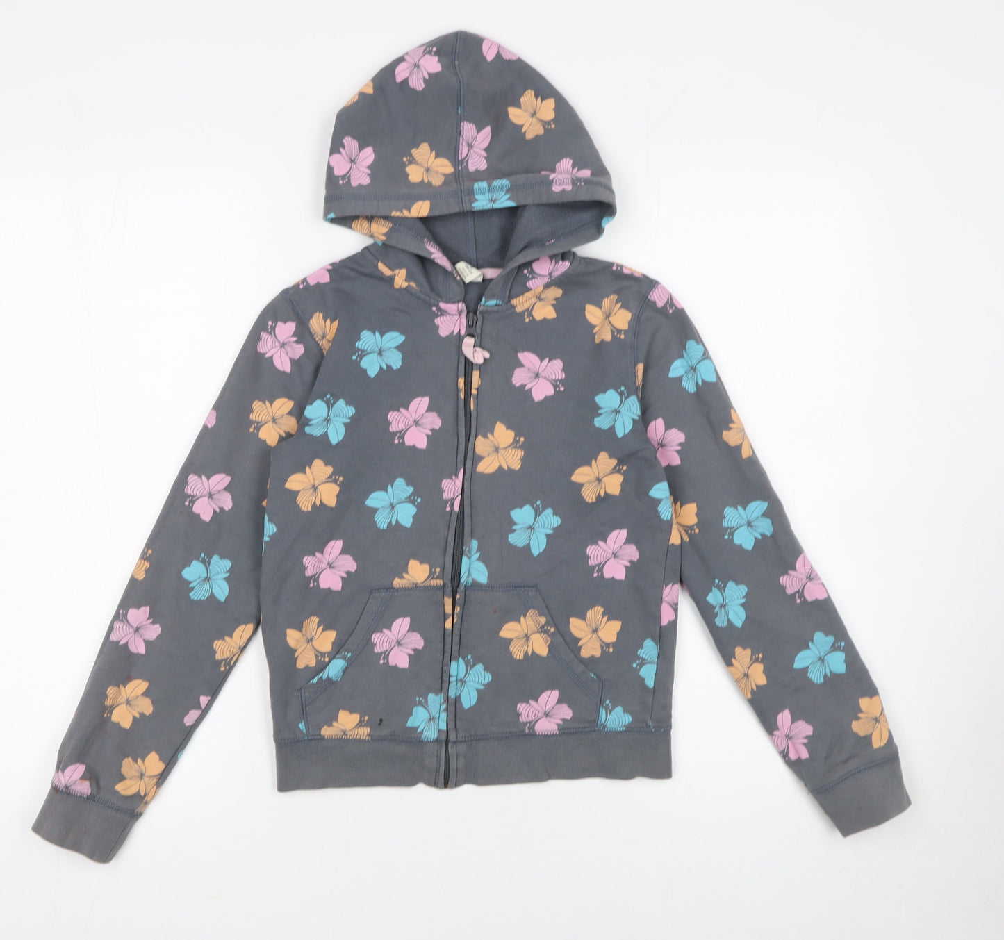 Old Navy Girls Grey Floral Full Zip Hoodie Size 10-12 Years Cotton Blend