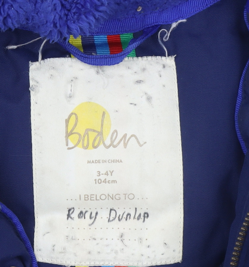 Boden Boys Blue Faux Fur Hooded Parka Coat 3-4 Years Winter Warm Lined
