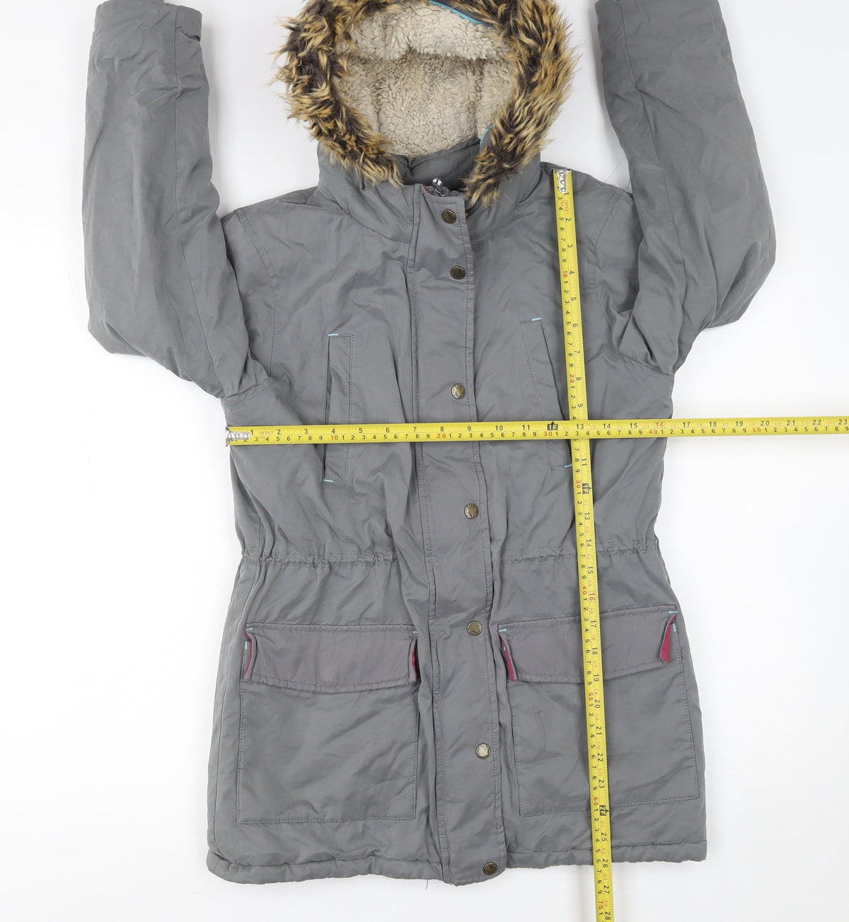 FatFace Girls Grey Faux Fur Hooded Parka Coat 12-13 Years Lined Winter Jacket