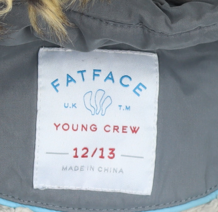 FatFace Girls Grey Faux Fur Hooded Parka Coat 12-13 Years Lined Winter Jacket