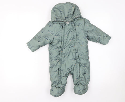 John Lewis Unisex Baby Green Animal Print Hooded Padded Snowsuit 3-6 Months