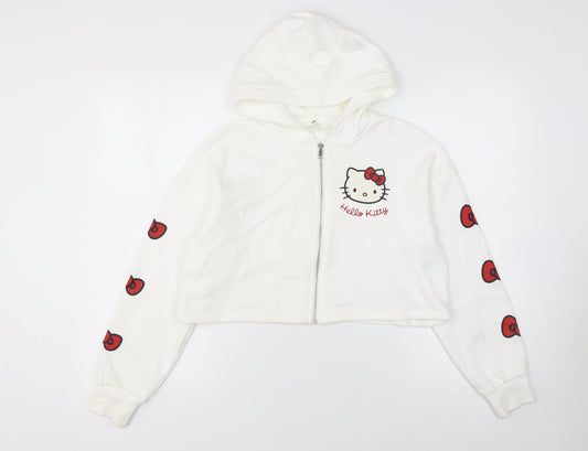 H&M Girls White Hello Kitty Full Zip Hoodie Size 10-12Y Cotton Blend