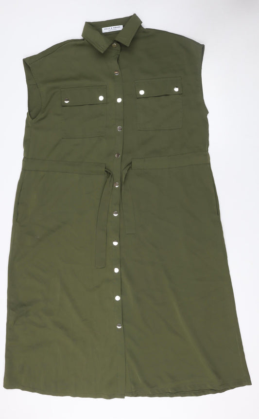 Kelly & Grace Women Green Shirt Dress S Sleeveless Belted Utility Style