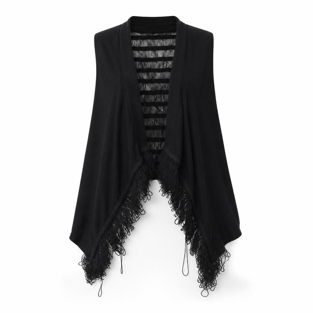 Forever 21 Women Black Sleeveless Fringe Open Knit Vest L