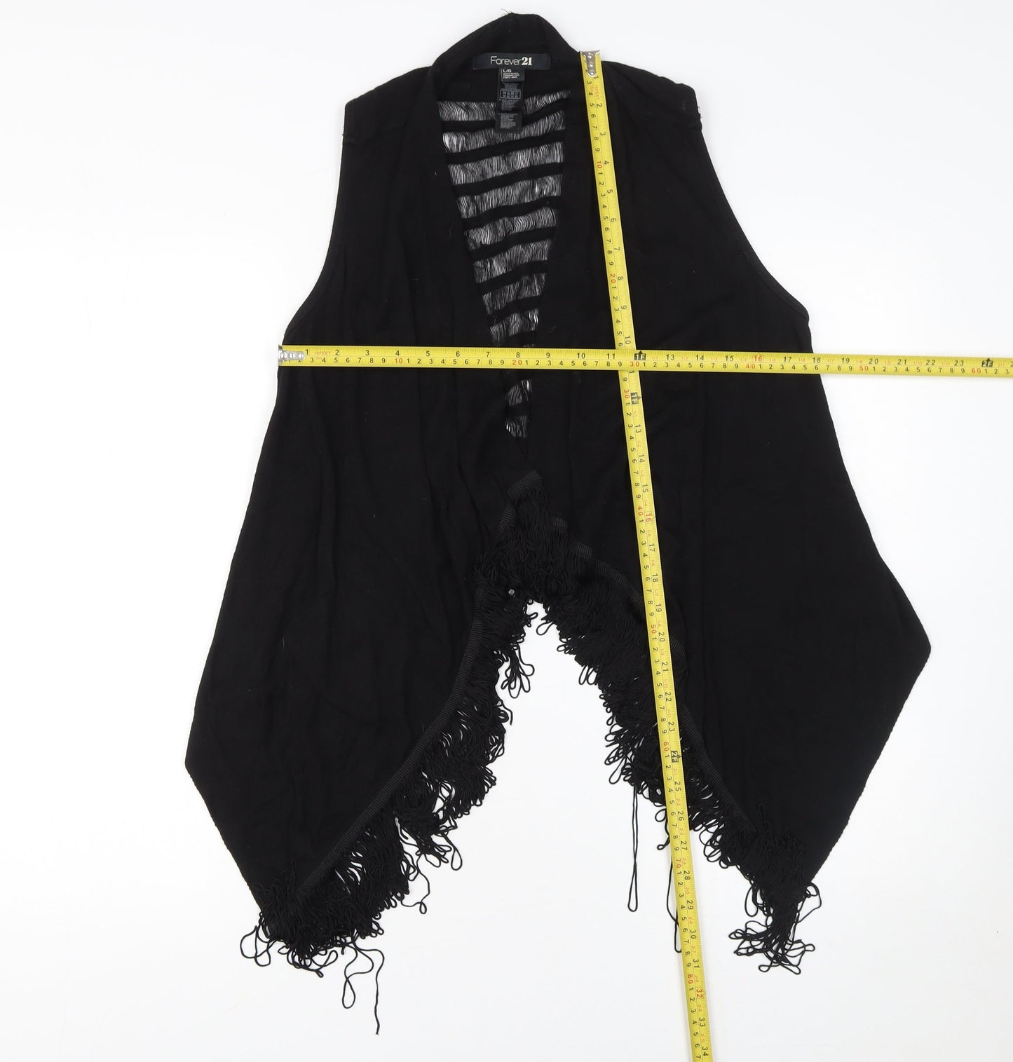 Forever 21 Women Black Sleeveless Fringe Open Knit Vest L
