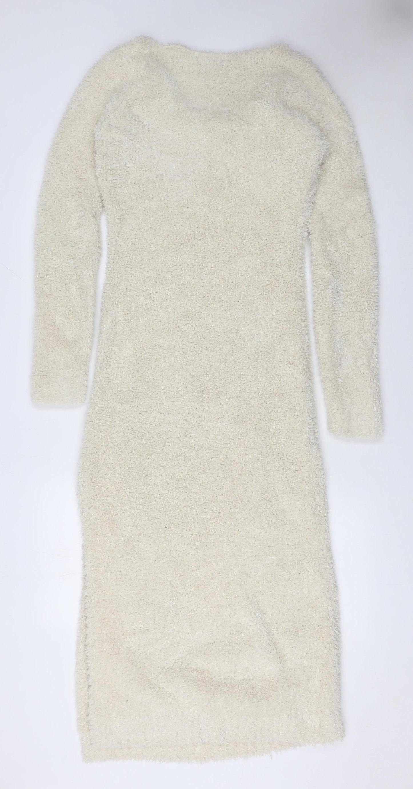 H&M Women Ivory Long Sleeve Fluffy Knit Bodycon Midi Dress Size S