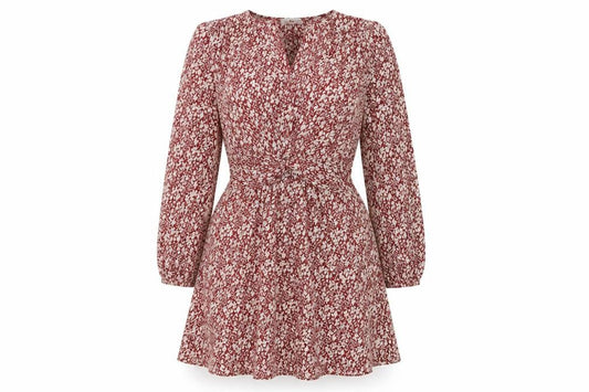 Mango Women Red Floral A-Line Short Dress Size 12 Long Sleeve