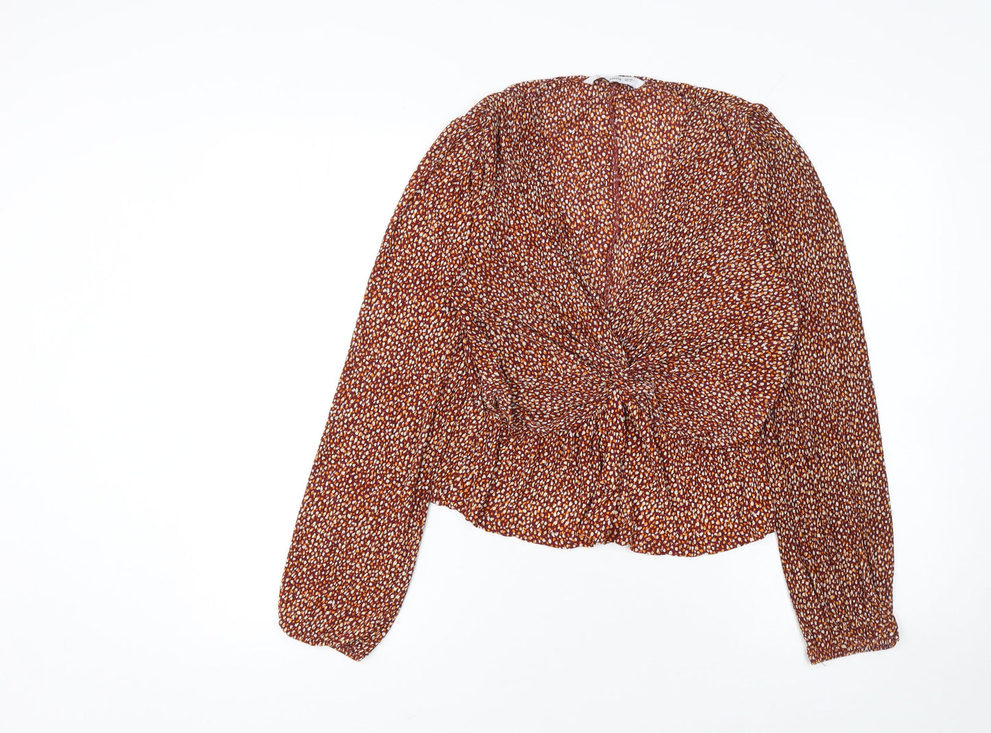 Mango Women Brown Floral Long Sleeve V-Neck Tunic Blouse Size L