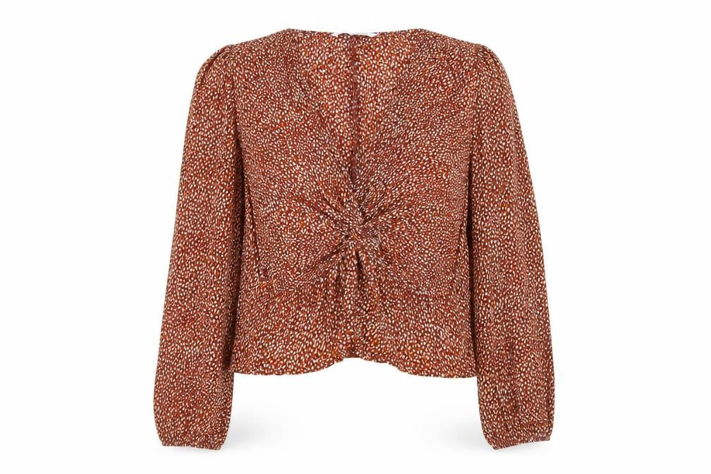 Mango Women Brown Floral Long Sleeve V-Neck Tunic Blouse Size L