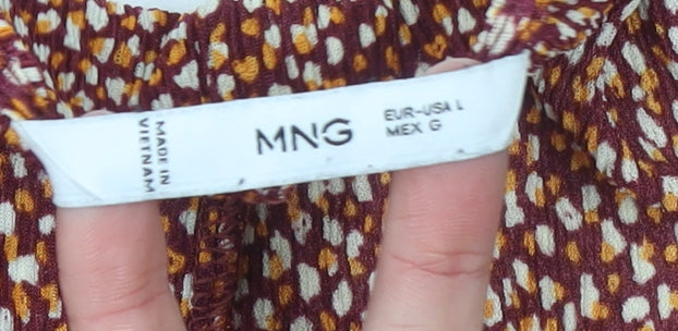 Mango Women Brown Floral Long Sleeve V-Neck Tunic Blouse Size L