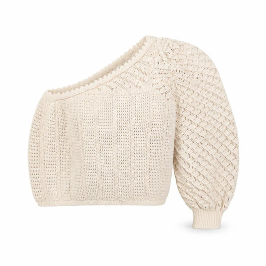 Mango Women Beige Open-Knit One Shoulder Pullover Jumper Size S
