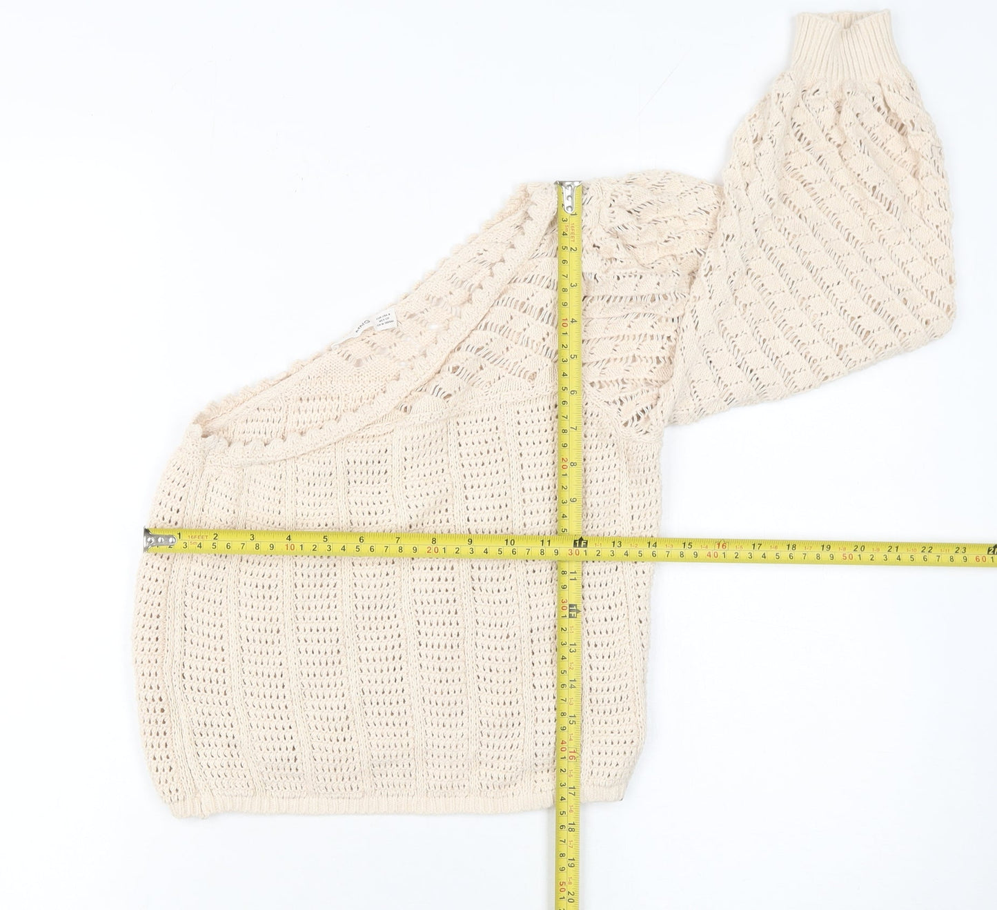 MNG Women Beige Open-Knit One Shoulder Pullover Jumper Size S