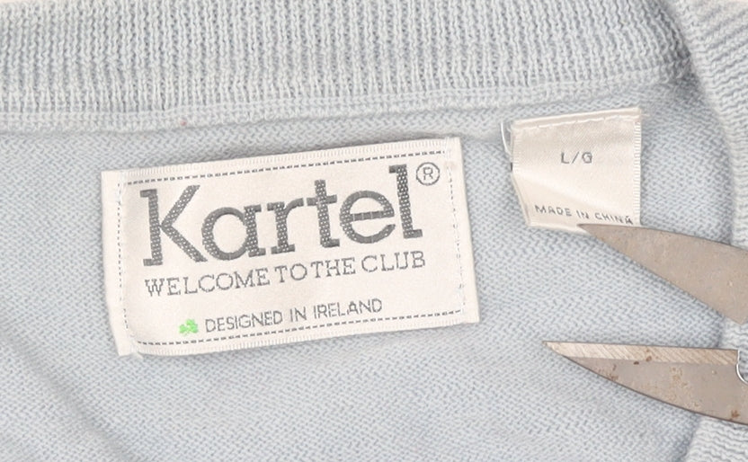 Kartel Men Blue Wool V-Neck Jumper Size L Knit Sweater