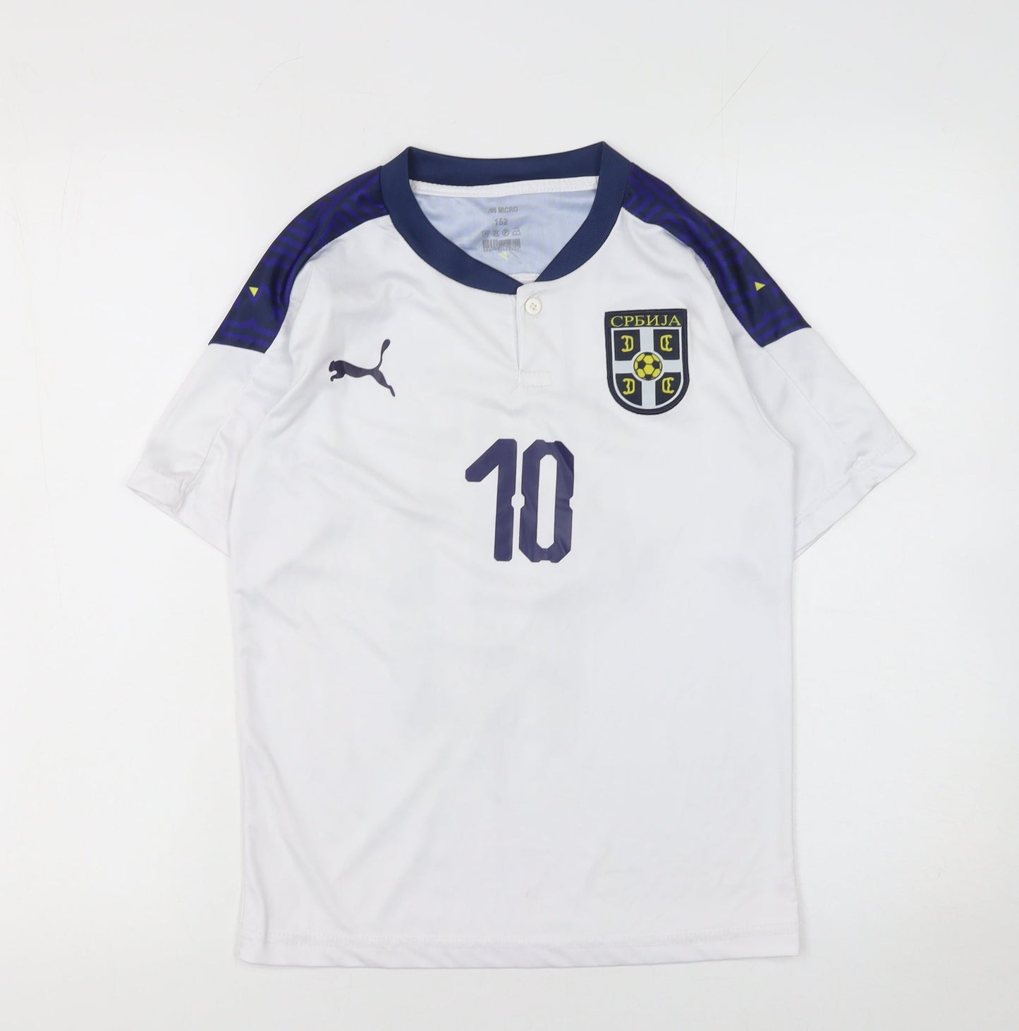 Puma Boys White Serbia Football Jersey T-Shirt Size 152 Lightweight Sports Top