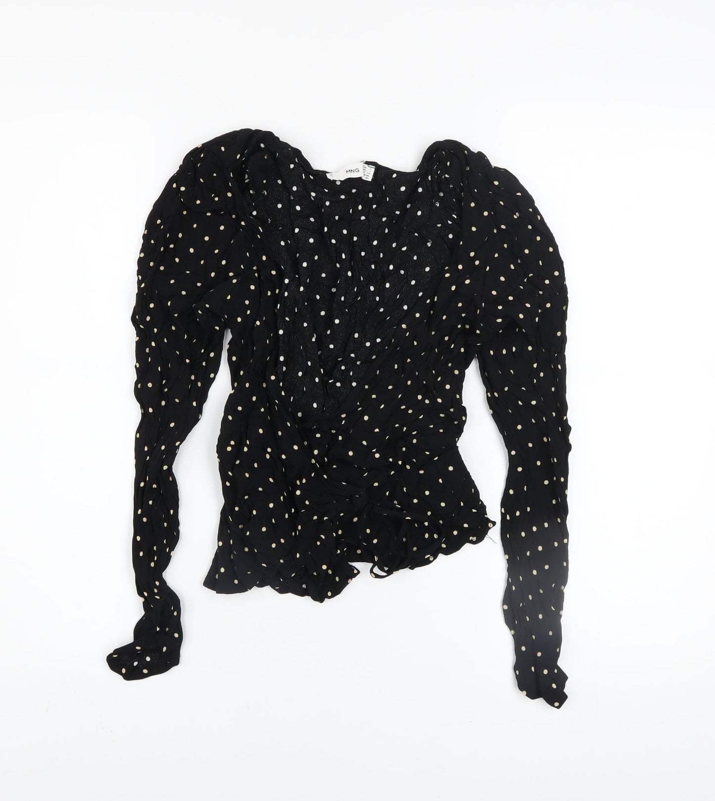 MNG Women's Black Polka Dot Wrap Ruffle Blouse Size 8