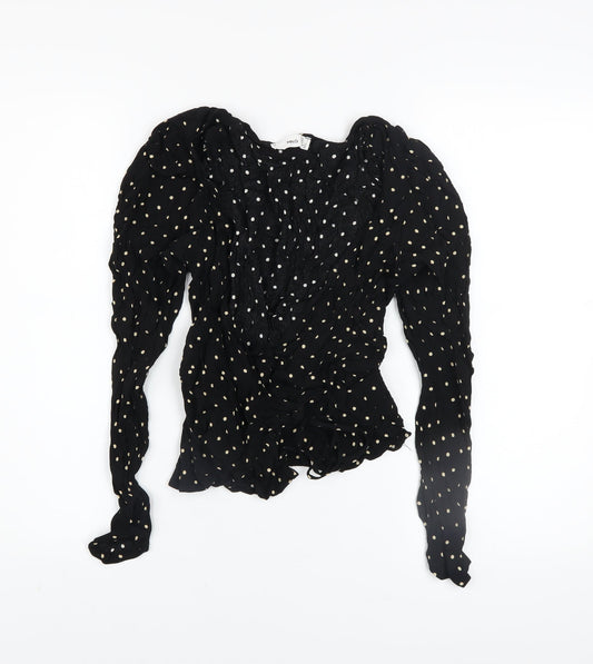 MNG Women's Black Polka Dot Wrap Ruffle Blouse Size 8