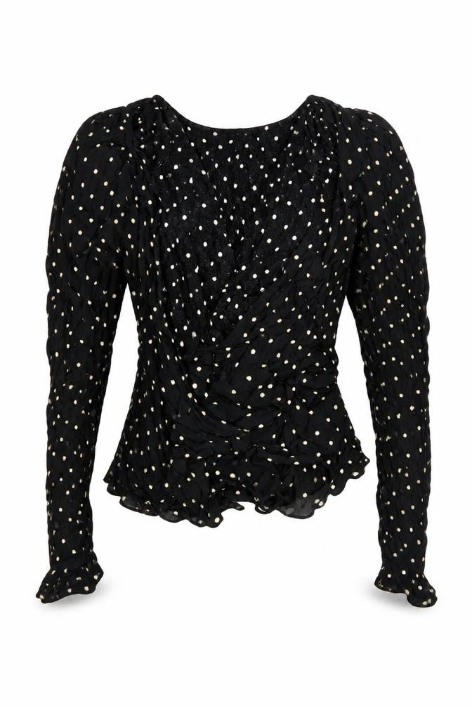 Mango Women's Black Polka Dot Wrap Ruffle Blouse Size 8