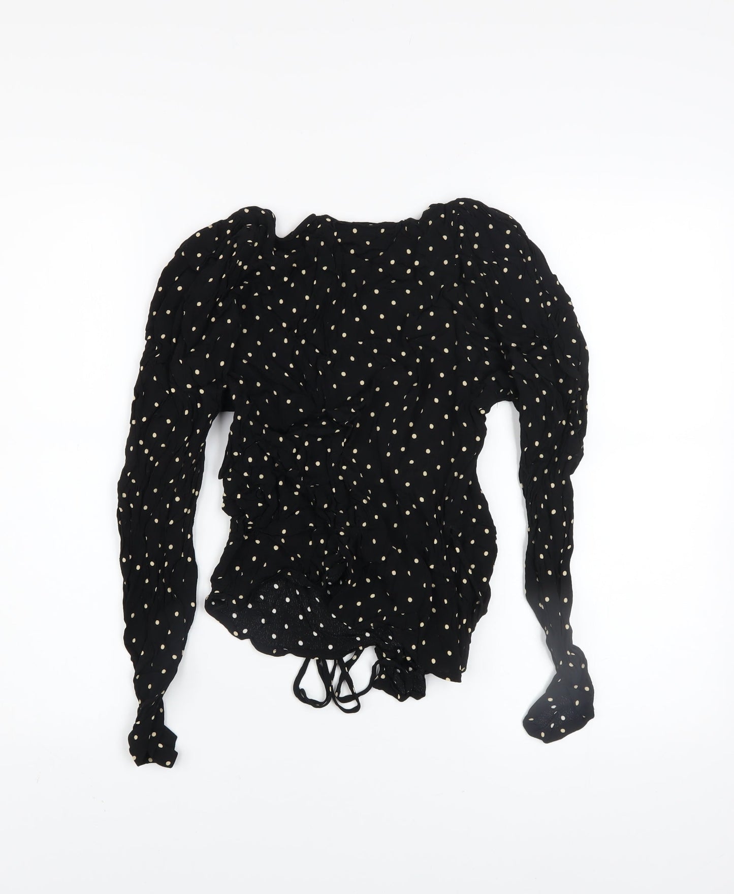 MNG Women's Black Polka Dot Wrap Ruffle Blouse Size 8