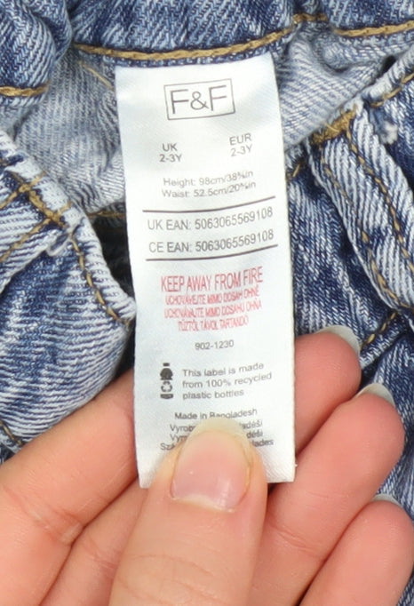 F&F Girls Blue Distressed Straight Jeans 2-3 Years Cotton Denim