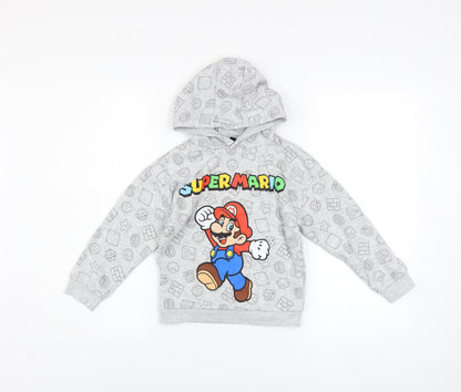 Front view of Super Mario boys’ grey hoodie 6-7 years pullover fleece graphic print