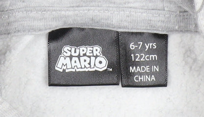 Brand and care label for Super Mario boys’ grey hoodie 6-7 years pullover fleece graphic print