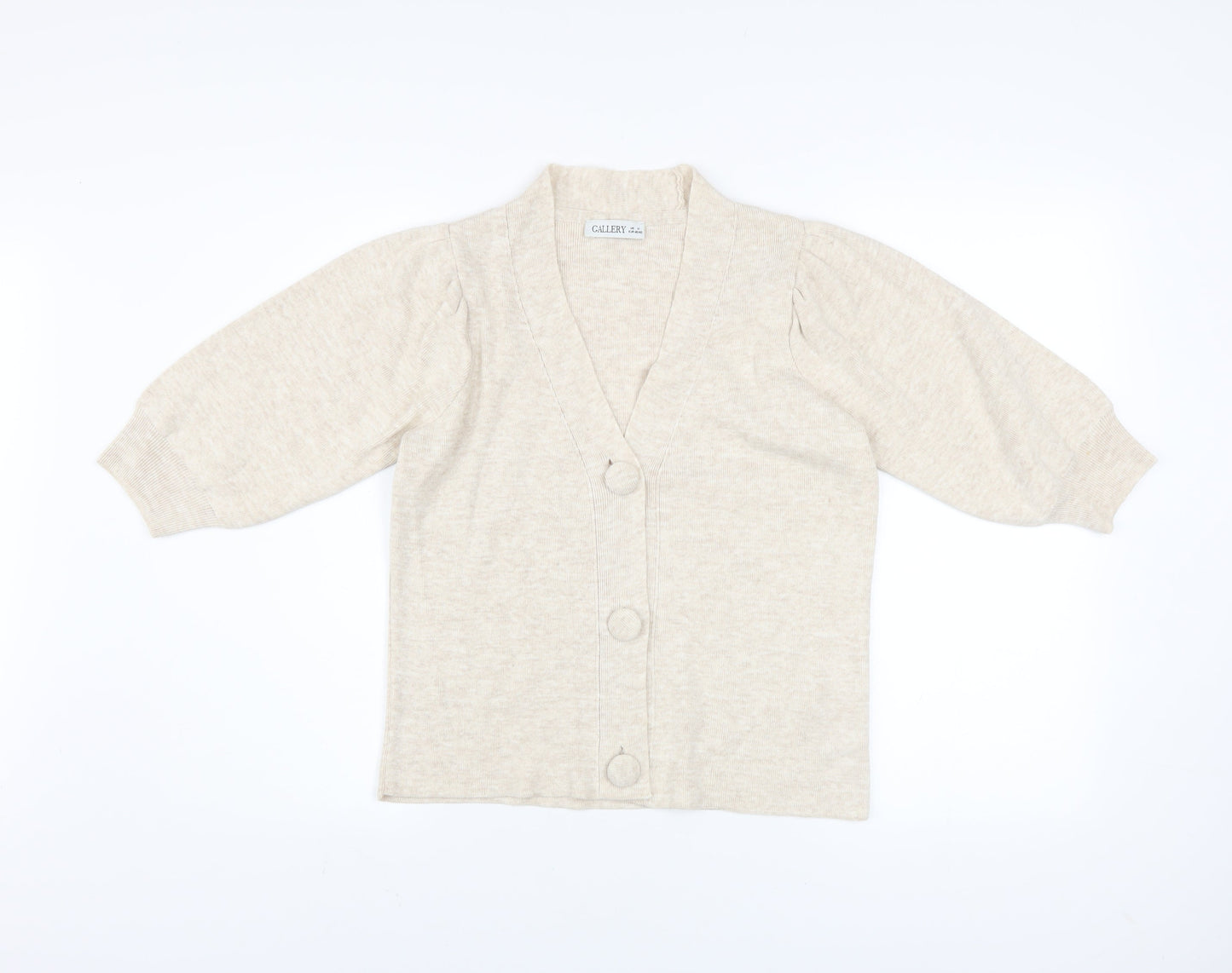 Gallery Womens Beige 3/4 Sleeve V-Neck Knit Cardigan Size M