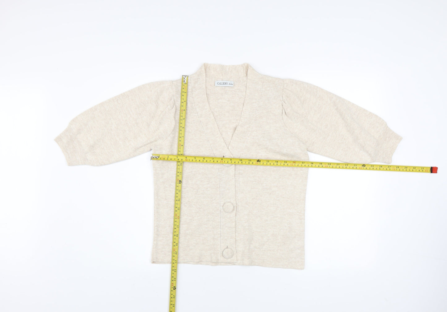 Gallery Womens Beige 3/4 Sleeve V-Neck Knit Cardigan Size M