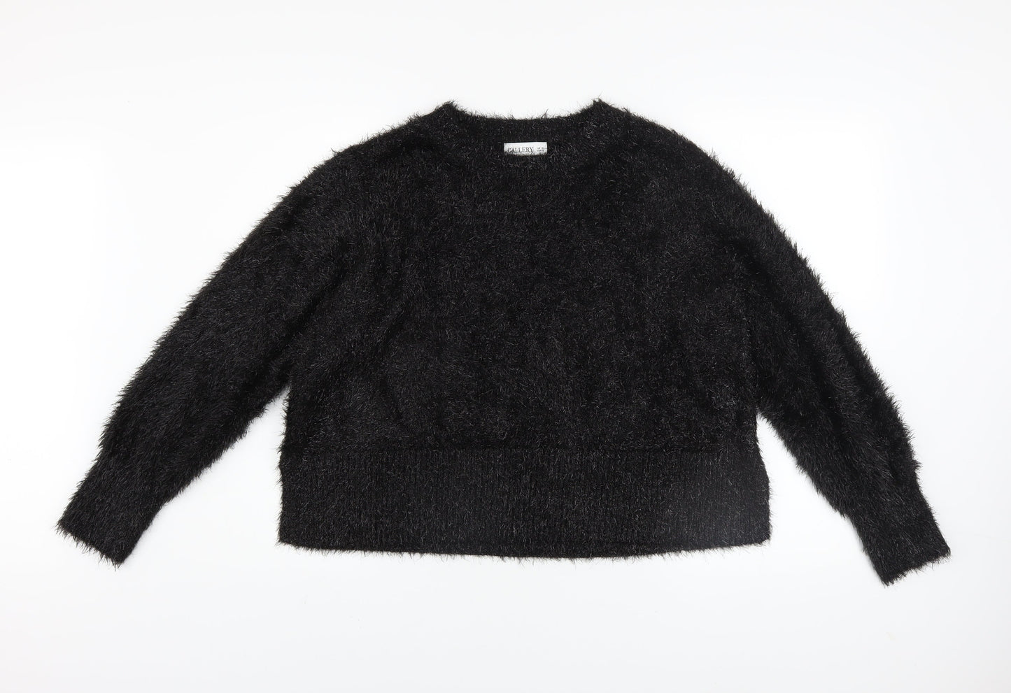 Gallery Women Black Fluffy Pullover Sweater UK 18 Long Sleeve Crew Neck