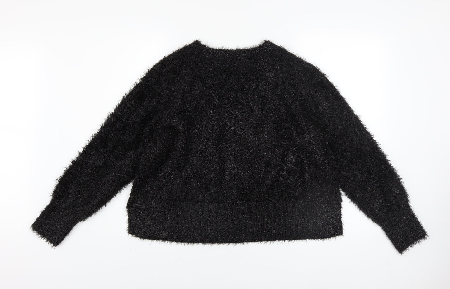 Gallery Women Black Fluffy Pullover Sweater UK 18 Long Sleeve Crew Neck