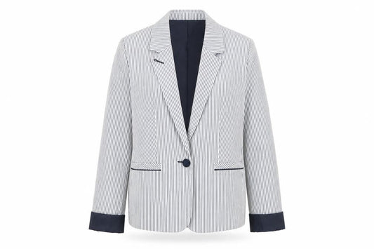 Front view of Atmosphere Women Blue Striped Blazer, size 12, Classic Work Jacket