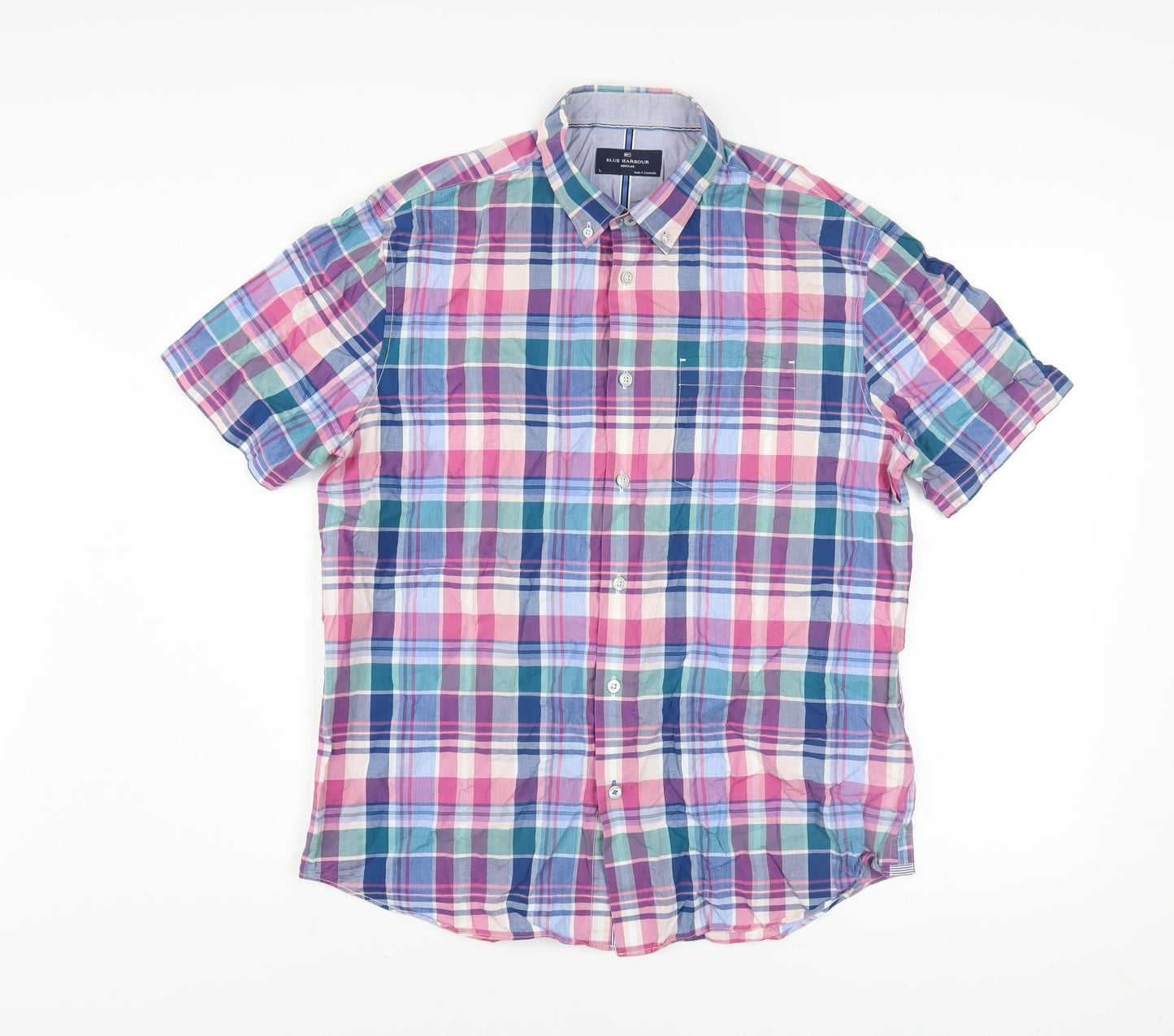Marks and Spencer Blue Harbour Men's Multicoloured Check Cotton Short Sleeve Shirt L