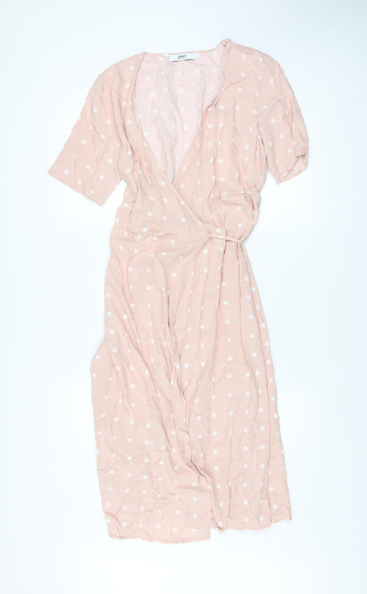 ONLY Women Pink Polka Dot Wrap Midi Dress S