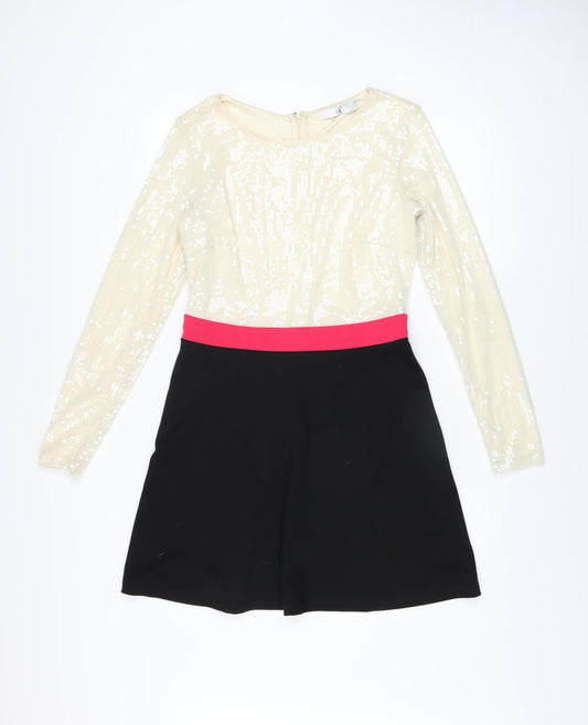 Fearne Cotton Women's Beige Black Pink Fit & Flare Sequin Dress Size 12