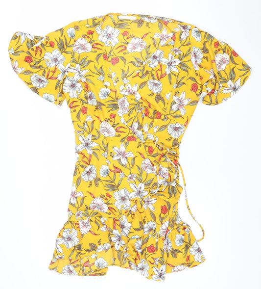 Vera & Lucy Women Yellow Floral Wrap Short Dress L Ruffle Summer