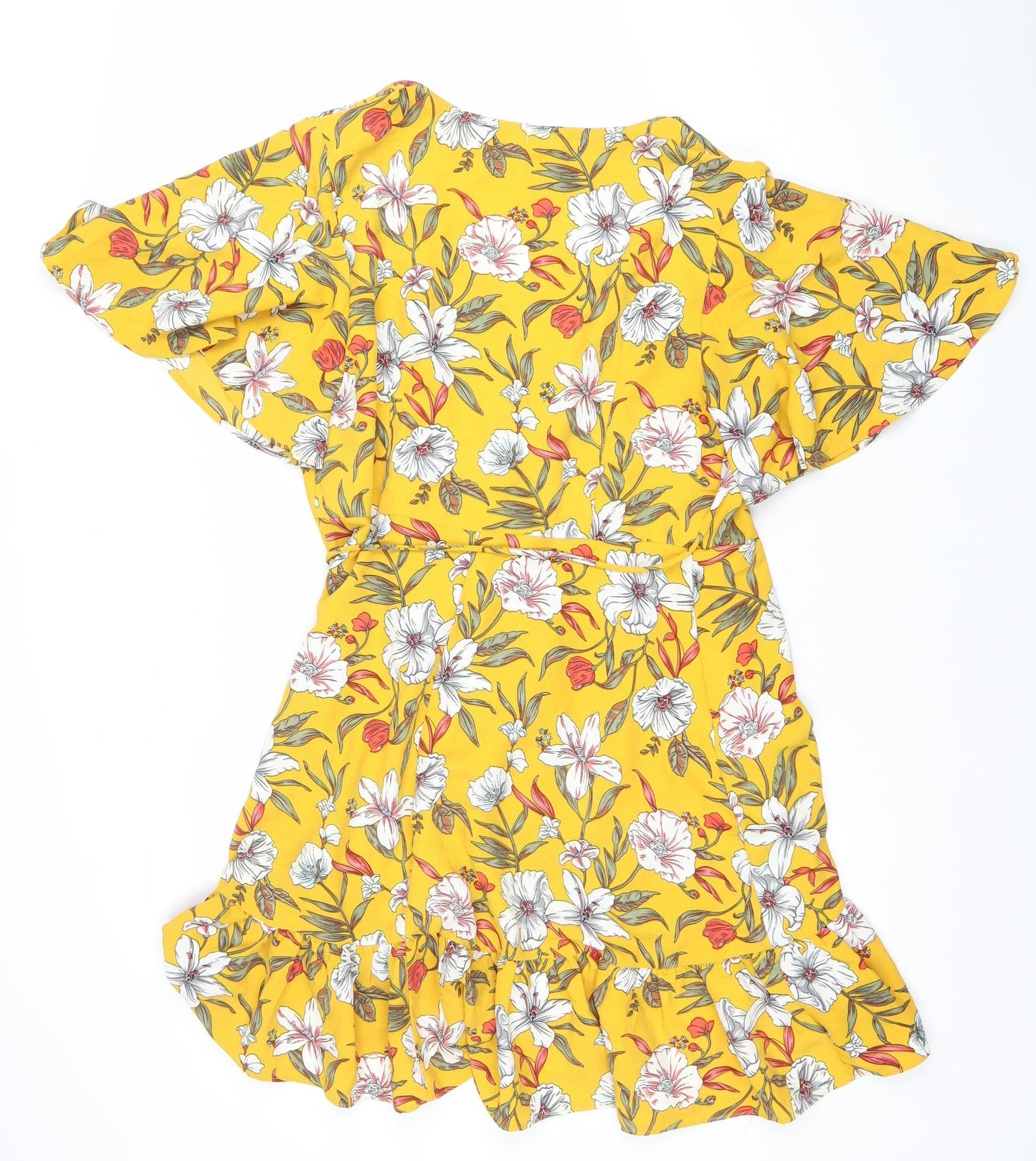 Vera & Lucy Women Yellow Floral Wrap Short Dress L Ruffle Summer