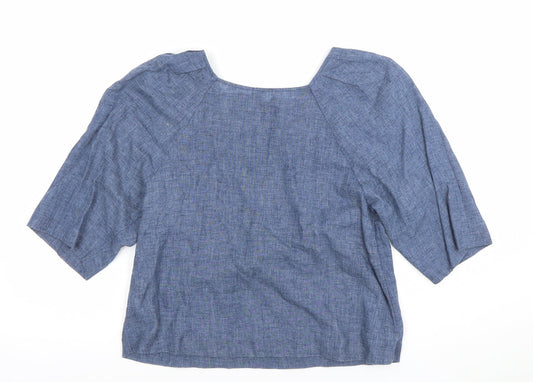 Mango Women Blue Linen Blend 3/4 Sleeve Boat Neck Blouse Size 8