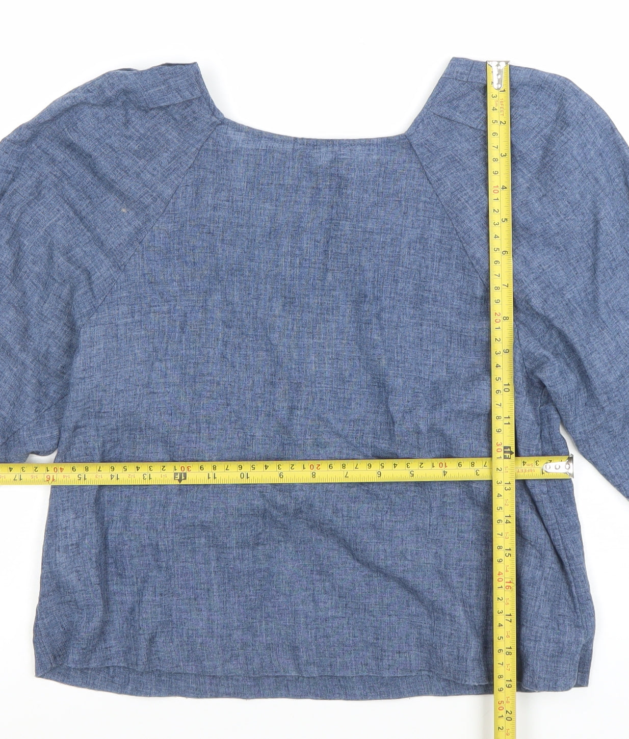 Mango Women Blue Linen Blend 3/4 Sleeve Boat Neck Blouse Size 8