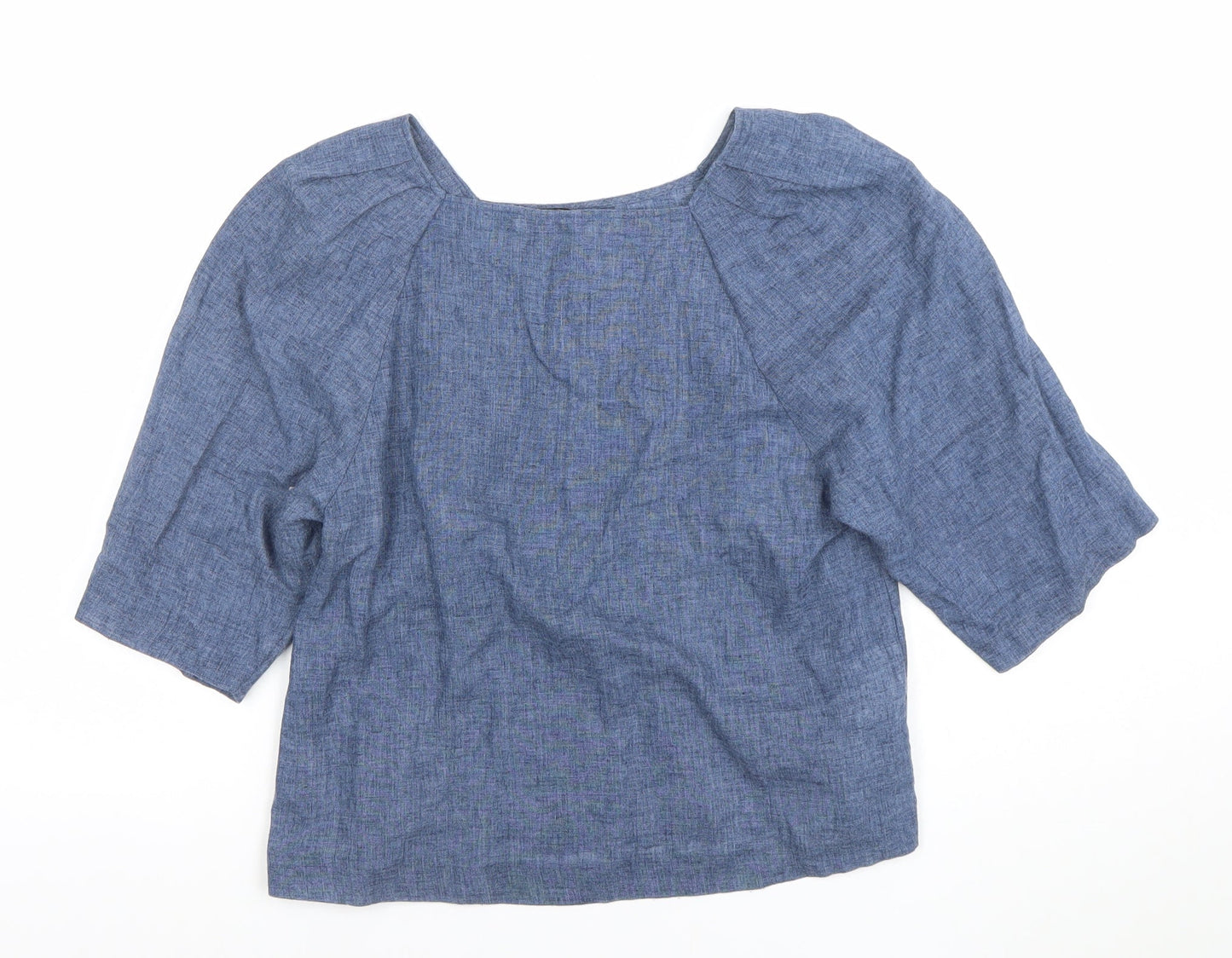 Mango Women Blue Linen Blend 3/4 Sleeve Boat Neck Blouse Size 8