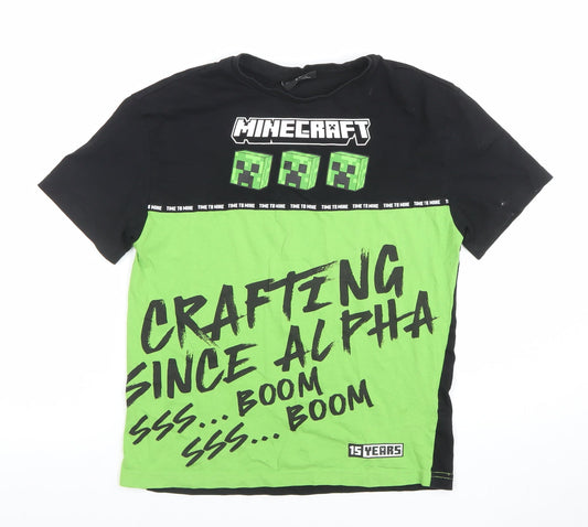 Minecraft Boys Black Green T-Shirt 9-10 Years Short Sleeve Graphic Cotton