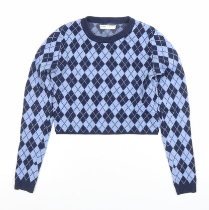 Pull&Bear Women's Blue Argyle Knit Crew Neck Jumper Size 10