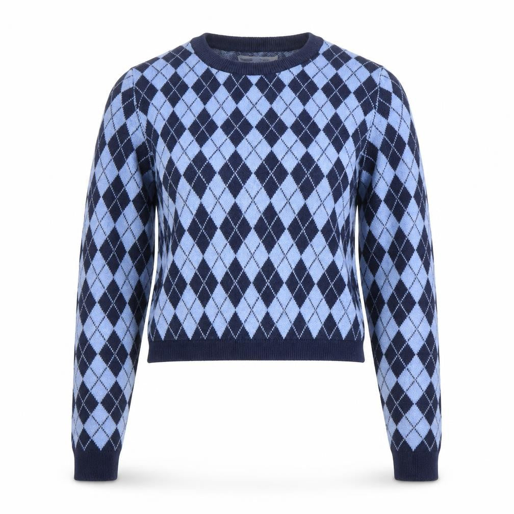 Pull & Bear Women's Blue Argyle Knit Crew Neck Jumper Size 10