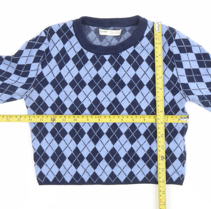 Pull&Bear Women's Blue Argyle Knit Crew Neck Jumper Size 10