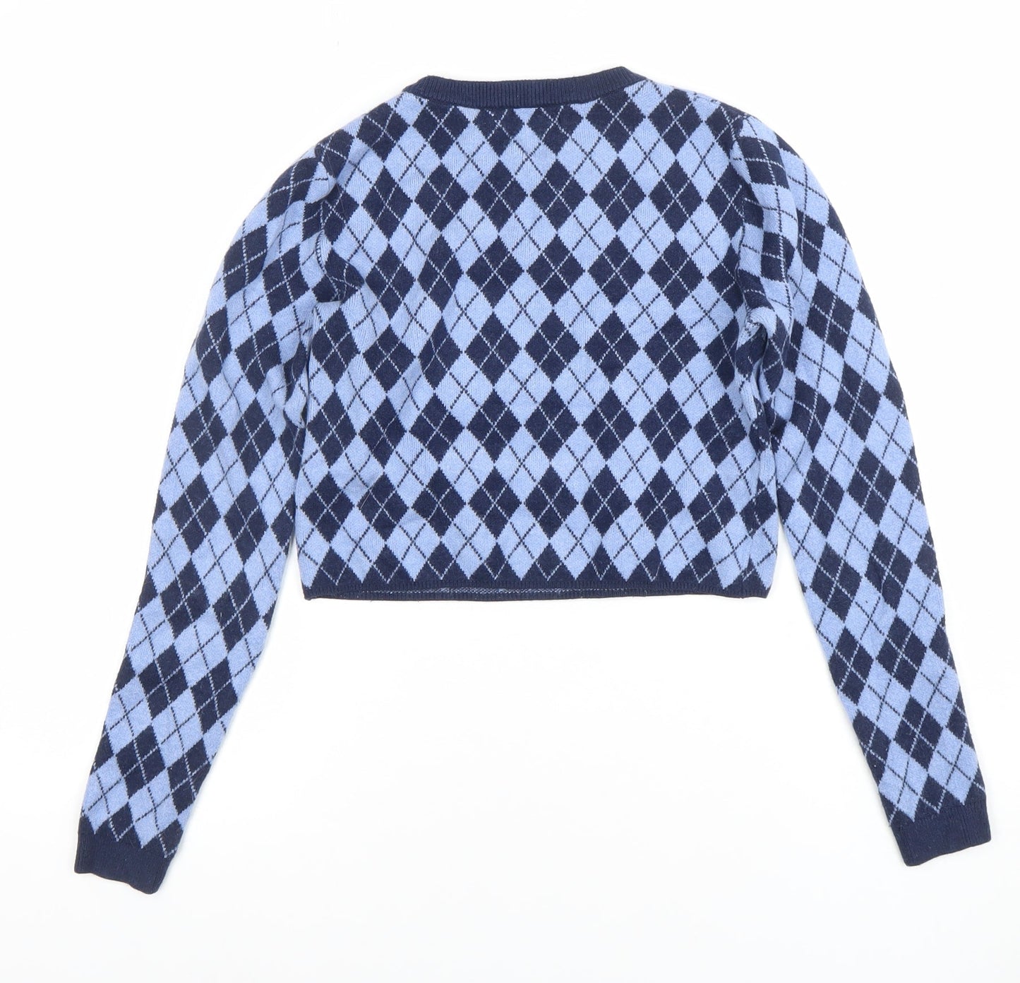 Pull & Bear Women's Blue Argyle Knit Crew Neck Jumper Size 10