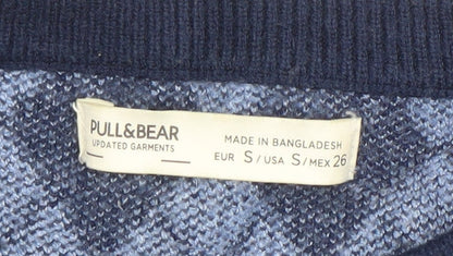 Pull&Bear Women's Blue Argyle Knit Crew Neck Jumper Size 10