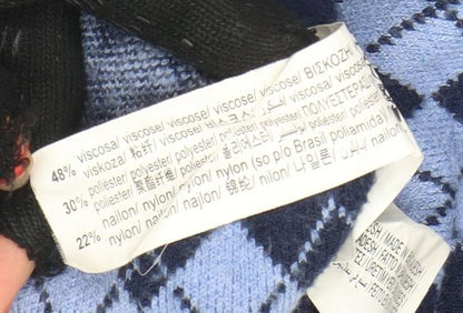 Pull&Bear Women's Blue Argyle Knit Crew Neck Jumper Size 10